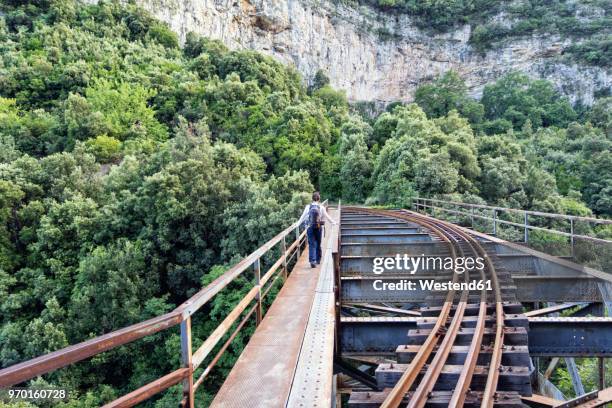 greece, pilion, milies, back view of man walking on bridge along rails of narrow gauge railway - pelion stock-fotos und bilder