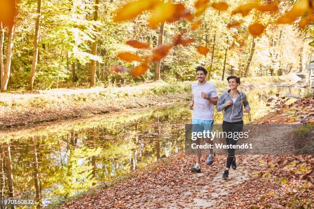 couple jogging on autumnally forest track - munich autumn stock pictures, royalty-free photos & images