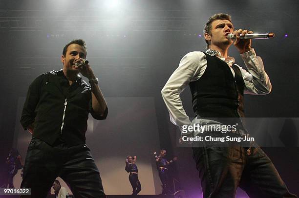 Howie Dorough and Nick Carter of the Backstreet Boys onstage at AX-hall on February 24, 2010 in Seoul, South Korea.