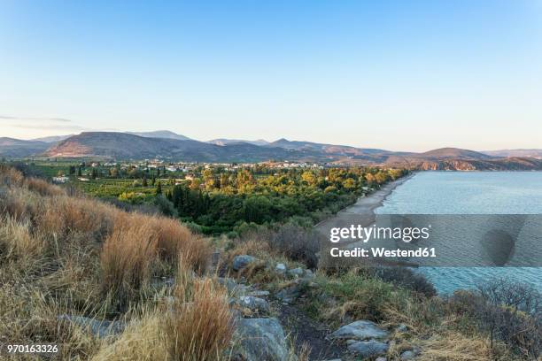 greece, peloponnese, arcadia, view from ancient asini to plaka beach and drepano - arcadia greece stock pictures, royalty-free photos & images