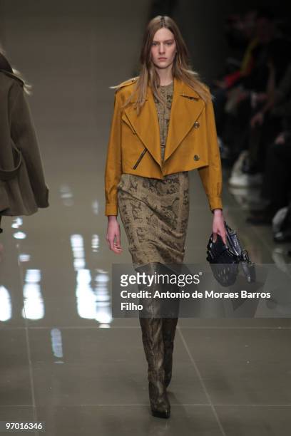 Model walks the runway at the Burberry Prorsum show for London Fashion Week Autumn/Winter 2010 at on February 23, 2010 in London, England.
