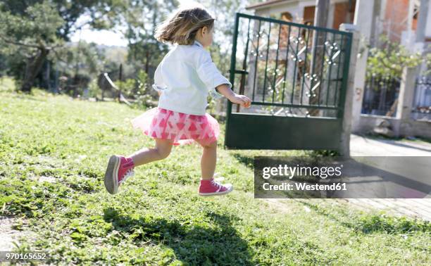 little girl running on meadow in the garden - baby gate stock pictures, royalty-free photos & images