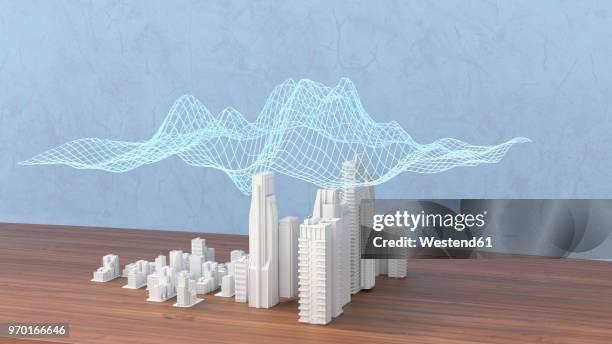 model of a city with digital grid, 3d rendering - smart city stock illustrations