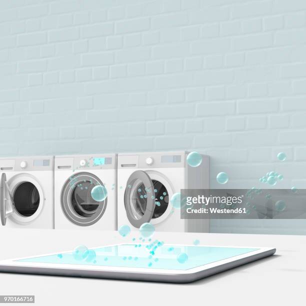 bubbles emerging from tablet in laundry room, 3d rendering - mobile app stock illustrations
