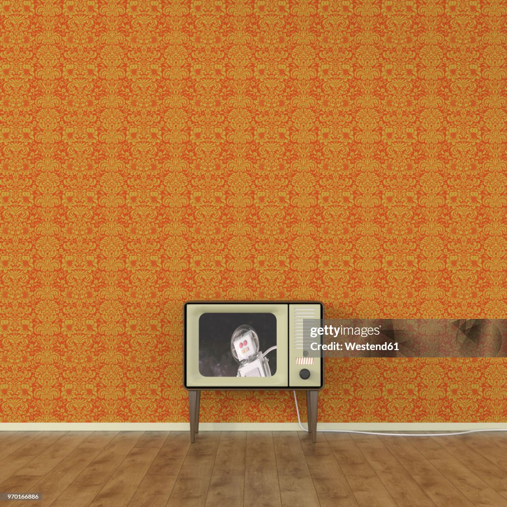 Old-fashioned TV with moon landing of a robot, 3d rendering