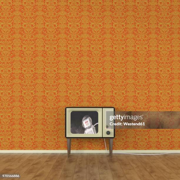 old-fashioned tv with moon landing of a robot, 3d rendering - old fashioned living room stock illustrations