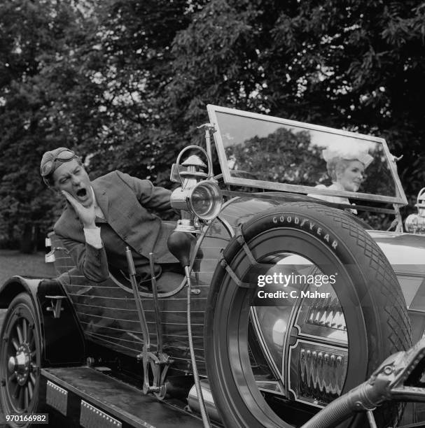 American actor Dick Van Dyke with British actress Sally Ann Howes on the set of musical adventure fantasy film 'Chitty Chitty Bang Bang', UK, 1st...