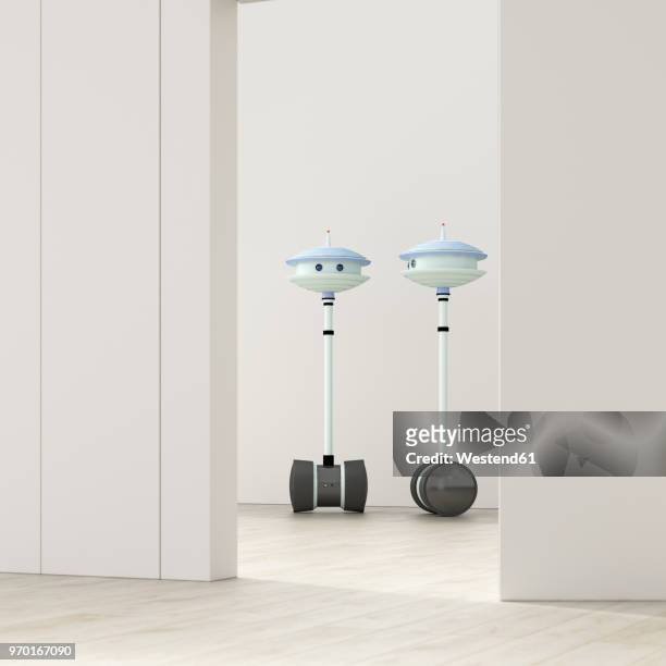 two robots behind ajar door in an empty room, 3d rendering - expertise stock illustrations