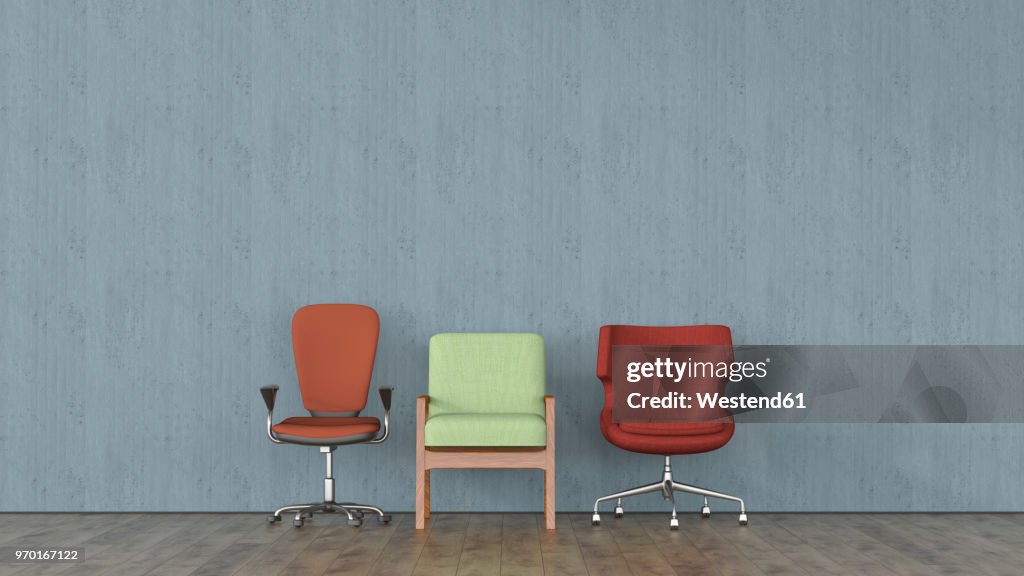 Three different chairs in front of concrete wall, 3d rendering