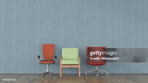 three different chairs in front of concrete wall, 3d rendering - 控え室点のイラスト素材／クリップアート素材／マンガ素材／アイコン素材