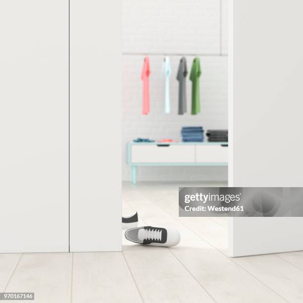 cloakroom behind ajar door, 3d rendering - loft style stock illustrations