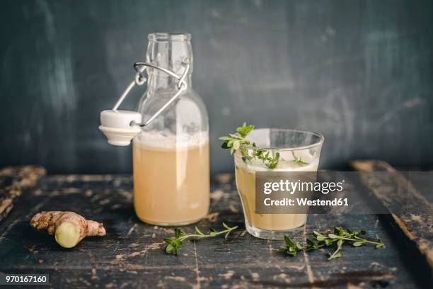 glass and bottle of switchel - ginger glasses stock pictures, royalty-free photos & images