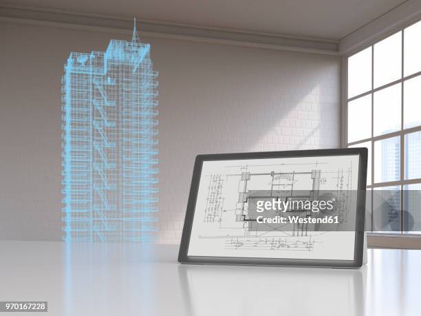 illustrazioni stock, clip art, cartoni animati e icone di tendenza di tablet with blueprint and model of a skyscraper with digital grid, 3d rendering - grattacielo