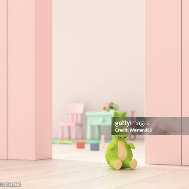 ilustrações de stock, clip art, desenhos animados e ícones de children's room behind ajar door, 3d rendering - quarto de brincar