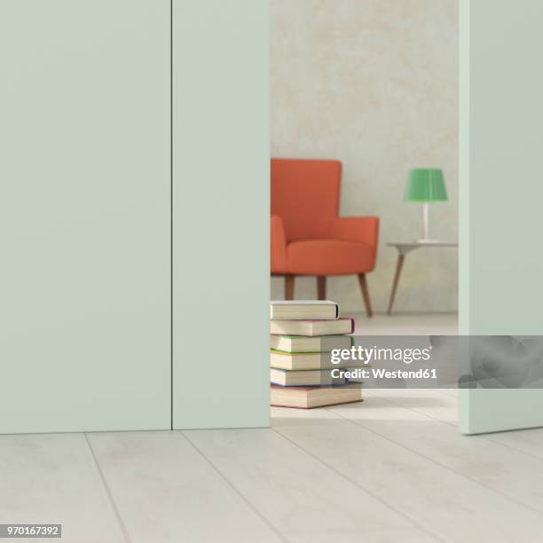 ilustrações de stock, clip art, desenhos animados e ícones de old-fashioned living room behind ajar door, 3d rendering - hygge