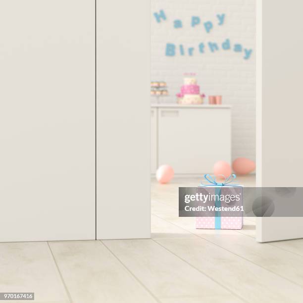 birthday room behind ajar door, 3d rendering - surprise birthday party stock illustrations