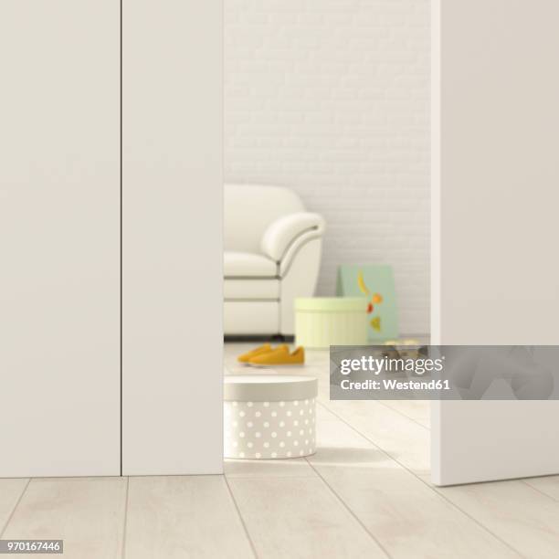 modern living room behind ajar door, 3d rendering - door ajar stock illustrations