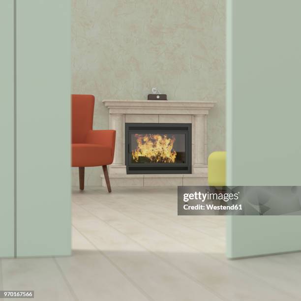 old-fashioned living room behind ajar door, 3d rendering - 暖炉点のイラスト素材／クリップアート素材／マンガ素材／アイコン素材