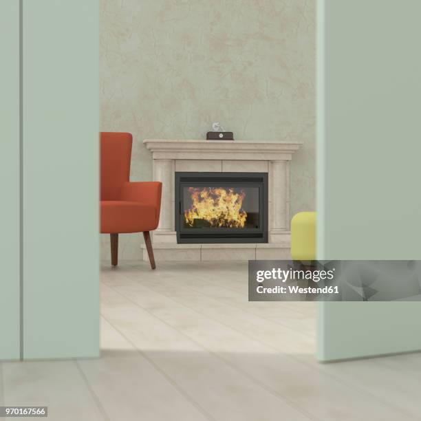 stockillustraties, clipart, cartoons en iconen met old-fashioned living room behind ajar door, 3d rendering - open haard