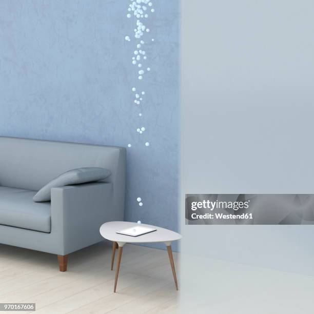 bubbles emerging from tablet in living room, 3d rendering - digital home stock illustrations