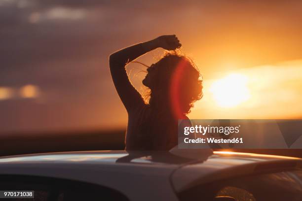 woman outside the car at sunset, raised arm - enjoyment fotografías e imágenes de stock