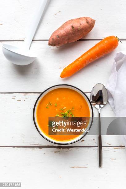 bowl of sweet potato carrot soup garnished with cress - mashed sweet potato stock-fotos und bilder