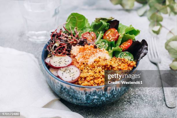 vegan buddha bowl with hummus, quinoa with curry, lettuce, sprouts, green and red cherry tomatoes, sliced radish and sesame and poppy seeds - quinoa stockfoto's en -beelden