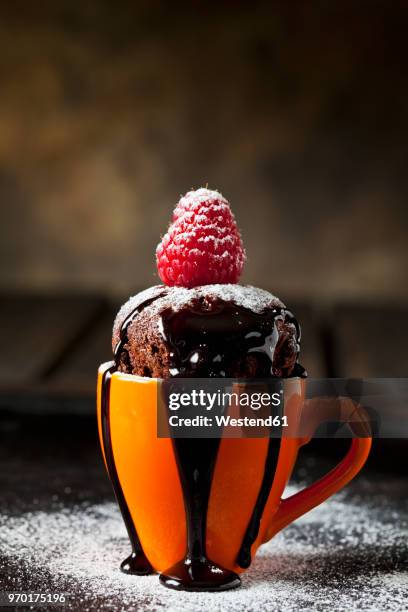 chocolate cup cake with icing sugar, chocolate sauce and raspberry - raspberry sauce stock pictures, royalty-free photos & images