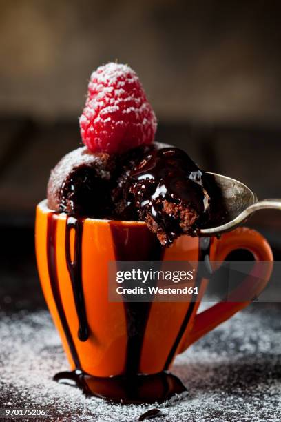 chocolate cup cake with icing sugar, chocolate sauce and raspberry - raspberry sauce stock pictures, royalty-free photos & images