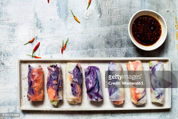 vegan rice paper wraps (vietnamese summer rolls), filled with cabbage, carrots, bell pepper, rice noodles, and dipping sauce - goi cuon stock pictures, royalty-free photos & images