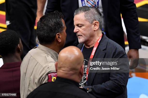 Cleveland Cavaliers owner Dan Gilbert looks on during Game Four of the 2018 NBA Finals against the Golden State Warriors at Quicken Loans Arena on...