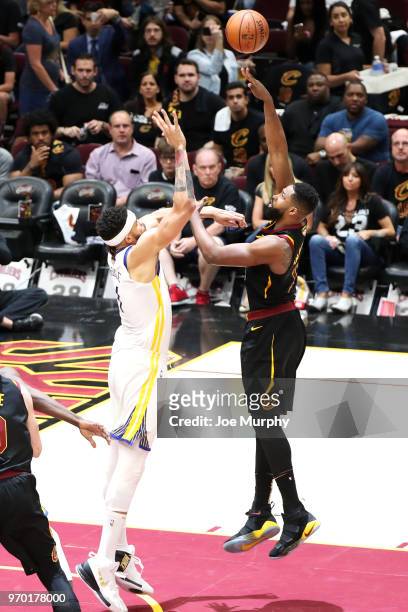 Tristan Thompson of the Cleveland Cavaliers shoots the ball against the Golden State Warriors in Game Four of the 2018 NBA Finals on June 8, 2018 at...