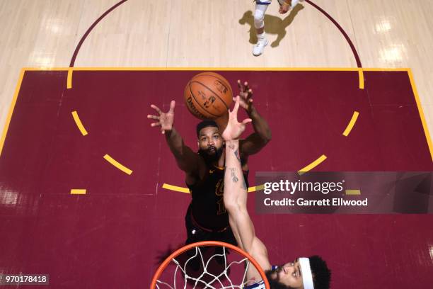 Tristan Thompson of the Cleveland Cavaliers grabs the rebound against the Golden State Warriors during Game Four of the 2018 NBA Finals on June 8,...