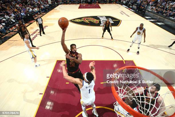 Tristan Thompson of the Cleveland Cavaliers shoots the ball against the Golden State Warriors in Game Four of the 2018 NBA Finals on June 8, 2018 at...