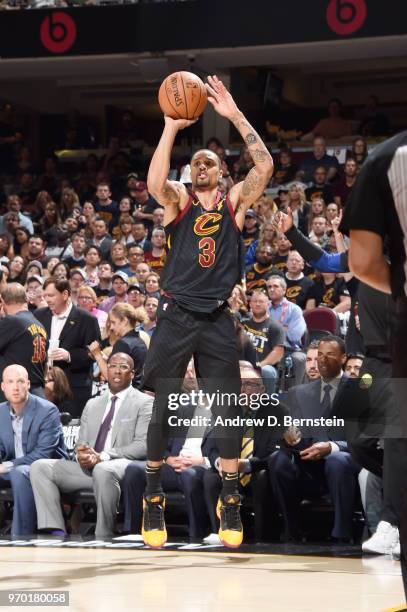 George Hill of the Cleveland Cavaliers shoots the ball against the Golden State Warriors during Game Four of the 2018 NBA Finals on June 8, 2018 at...