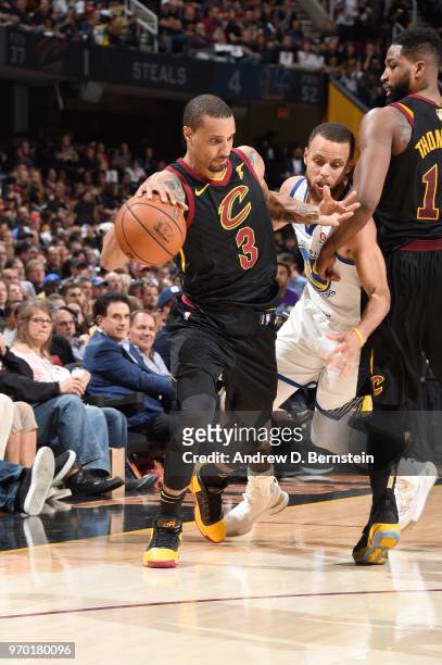 George Hill of the Cleveland Cavaliers handles the ball against the Golden State Warriors during Game Four of the 2018 NBA Finals on June 8, 2018 at...