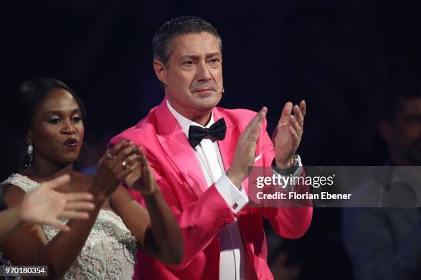 Jorge Gonzalez, Motsi Mabuse and Joachim Llambi during the finals of the 11th season of the television competition 'Let's Dance' on June 8, 2018 in...