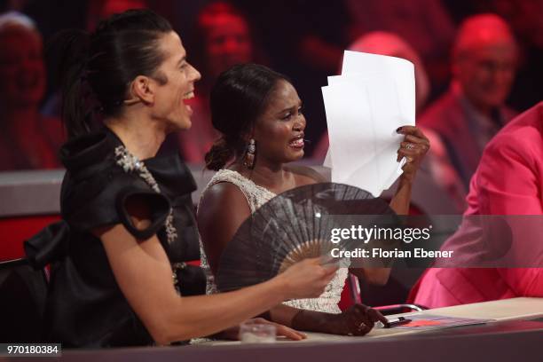 Jorge Gonzalez, Motsi Mabuse and Joachim Llambi during the finals of the 11th season of the television competition 'Let's Dance' on June 8, 2018 in...