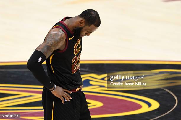 LeBron James of the Cleveland Cavaliers looks on in the second half against the Golden State Warriors during Game Four of the 2018 NBA Finals at...