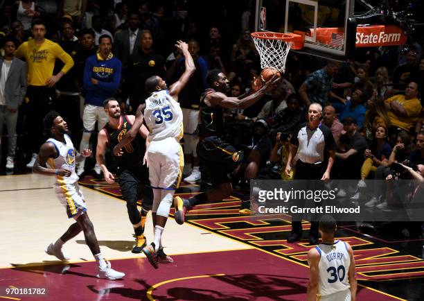 Jeff Green of the Cleveland Cavaliers drives to the basket against the Golden State Warriors during Game Four of the 2018 NBA Finals on June 8, 2018...