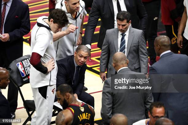 Head Coach Tyronn Lue of the Cleveland Cavaliers leads a huddle in Game Four of the 2018 NBA Finals on June 8, 2018 at Quicken Loans Arena in...