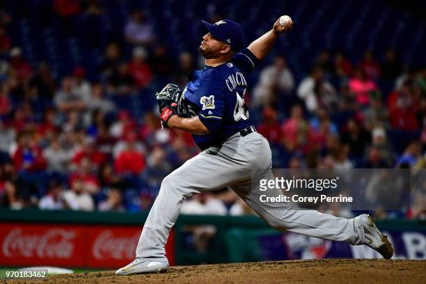 Jhoulys Chacin of the Milwaukee Brewers pitches against the Philadelphia Phillies during the fifth inning at Citizens Bank Park on June 8, 2018 in...