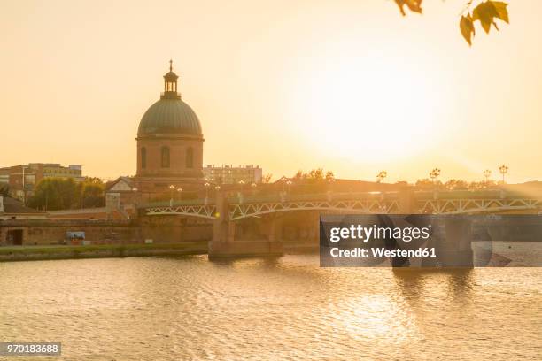 france, haute-garonne, toulouse, garonne river with pont saint pierre, museum of medical and chapelle saint-joseph de la grave at sunset - la grave stockfoto's en -beelden