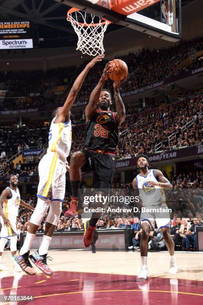 Jeff Green of the Cleveland Cavaliers goes to the basket against the Golden State Warriors during Game Four of the 2018 NBA Finals on June 8, 2018 at...