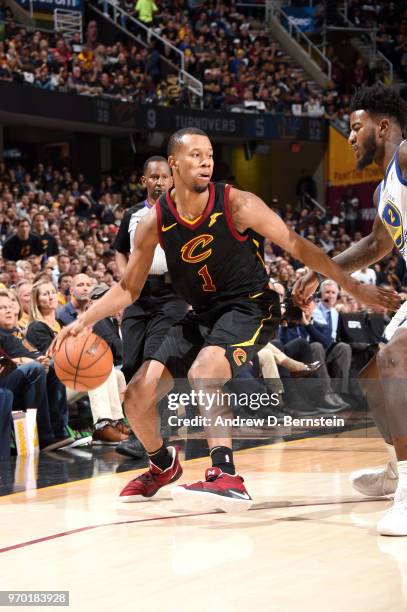 Rodney Hood of the Cleveland Cavaliers handles the ball against the Golden State Warriors during Game Four of the 2018 NBA Finals on June 8, 2018 at...