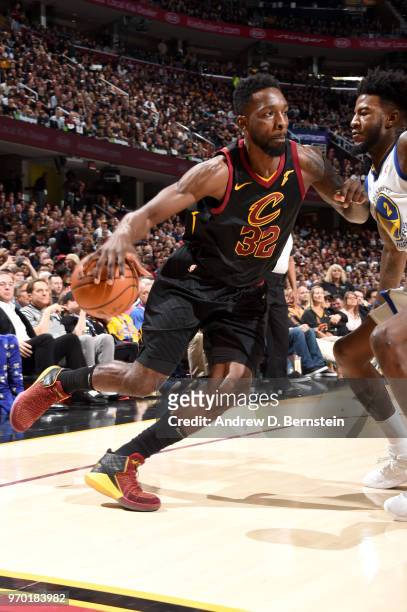 Jeff Green of the Cleveland Cavaliers handles the ball against the Golden State Warriors during Game Four of the 2018 NBA Finals on June 8, 2018 at...