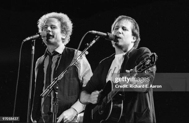 Paul Simon and Art Garfunkel perform live on stage at the Dodger Stadium in Los Angeles on August 27 1983