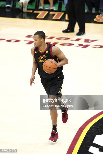 Rodney Hood of the Cleveland Cavaliers handles the ball against the Golden State Warriors in Game Four of the 2018 NBA Finals on June 8, 2018 at...