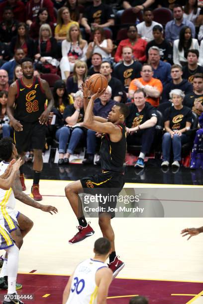 Rodney Hood of the Cleveland Cavaliers shoots the ball against the Golden State Warriors in Game Four of the 2018 NBA Finals on June 8, 2018 at...
