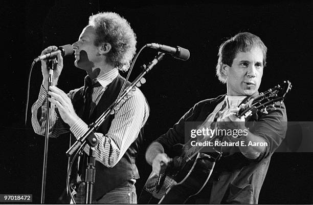 Paul Simon and Art Garfunkel perform live on stage at the Dodger Stadium in Los Angeles on August 27 1983